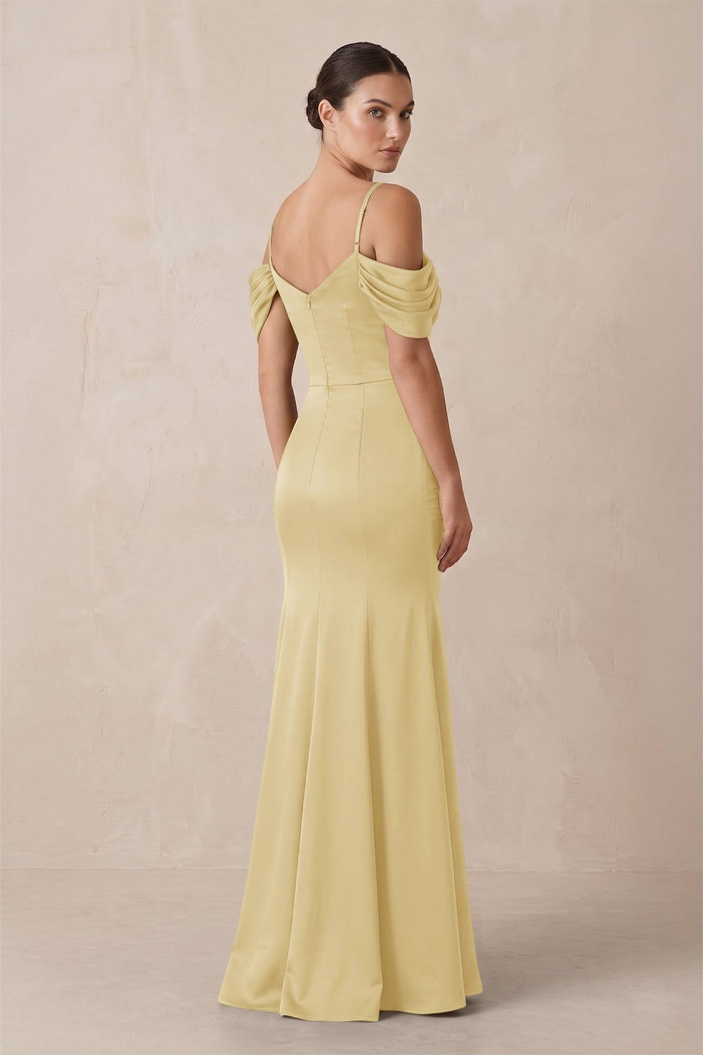 Off - the - Shoulder Mermaid Ruched Bridesmaid Dress in Pastel Yellow - KISS BRIDAL Bridesmaid Dresses