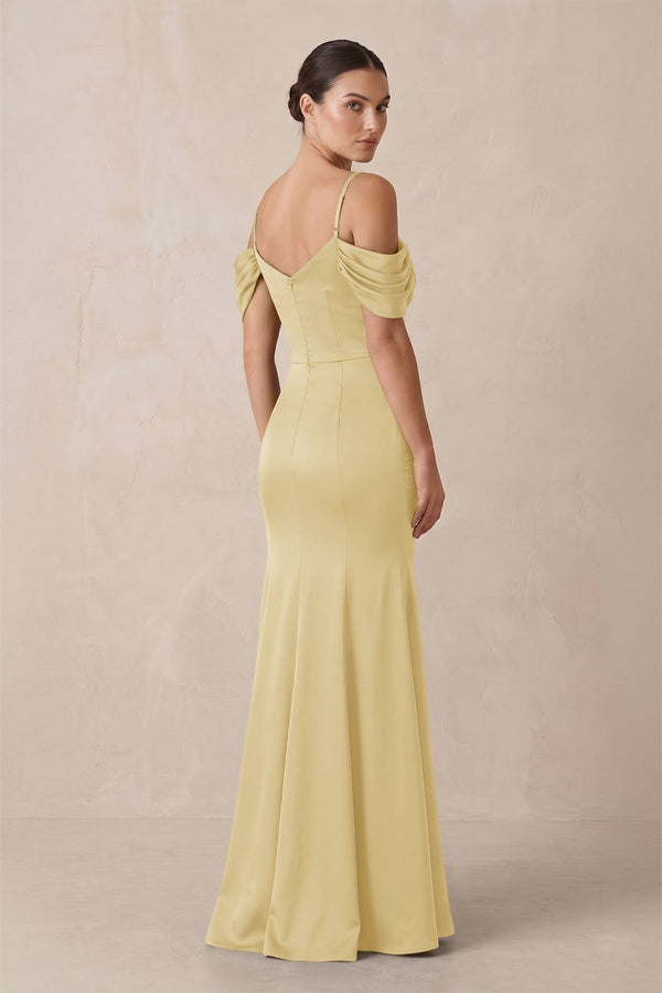 Off - the - Shoulder Mermaid Ruched Bridesmaid Dress in Pastel Yellow - KISS BRIDAL Bridesmaid Dresses