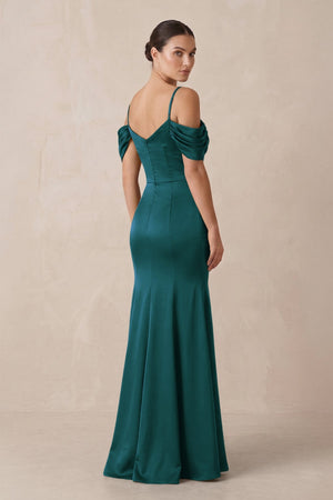 Off - the - Shoulder Mermaid Ruched Bridesmaid Dress in Pine - KISS BRIDAL Bridesmaid Dresses