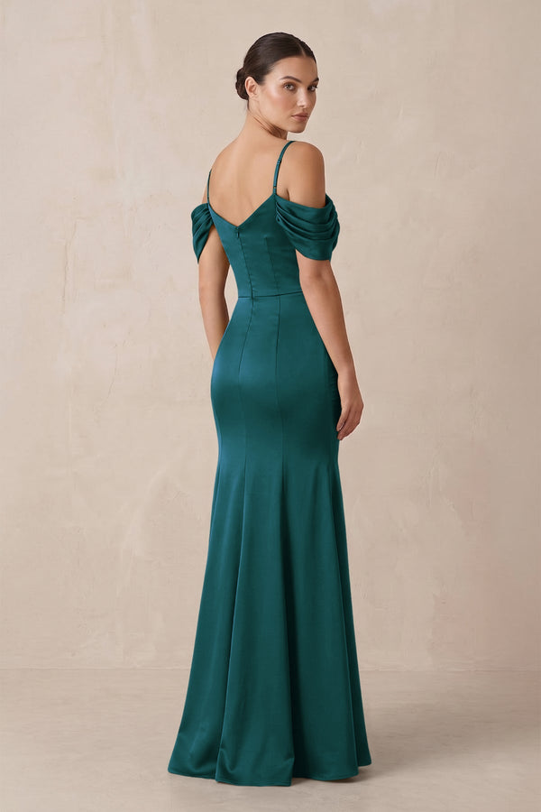 Off - the - Shoulder Mermaid Ruched Bridesmaid Dress in Pine - KISS BRIDAL Bridesmaid Dresses
