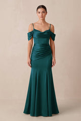 Off - the - Shoulder Mermaid Ruched Bridesmaid Dress in Pine - KISS BRIDAL Bridesmaid Dresses