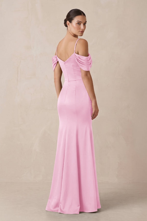 Off - the - Shoulder Mermaid Ruched Bridesmaid Dress in Pink - KISS BRIDAL Bridesmaid Dresses
