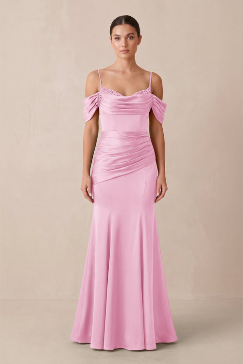 Off - the - Shoulder Mermaid Ruched Bridesmaid Dress in Pink - KISS BRIDAL Bridesmaid Dresses