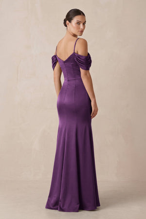 Off - the - Shoulder Mermaid Ruched Bridesmaid Dress in Plum - KISS BRIDAL Bridesmaid Dresses