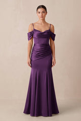 Off - the - Shoulder Mermaid Ruched Bridesmaid Dress in Plum - KISS BRIDAL Bridesmaid Dresses
