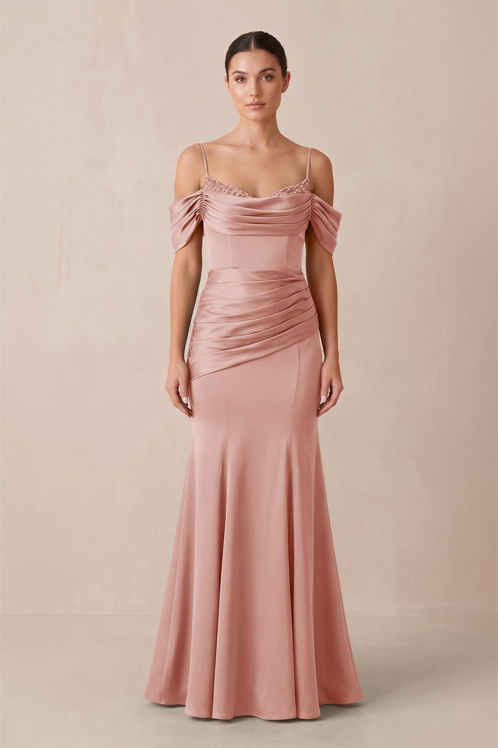 Off - the - Shoulder Mermaid Ruched Bridesmaid Dress in Rose Petal - KISS BRIDAL Bridesmaid Dresses