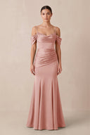 Off - the - Shoulder Mermaid Ruched Bridesmaid Dress in Rose Petal - KISS BRIDAL Bridesmaid Dresses