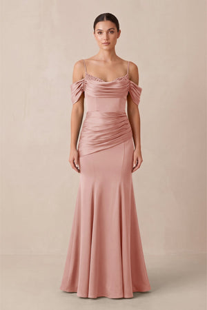 Off - the - Shoulder Mermaid Ruched Bridesmaid Dress in Rose Petal - KISS BRIDAL Bridesmaid Dresses