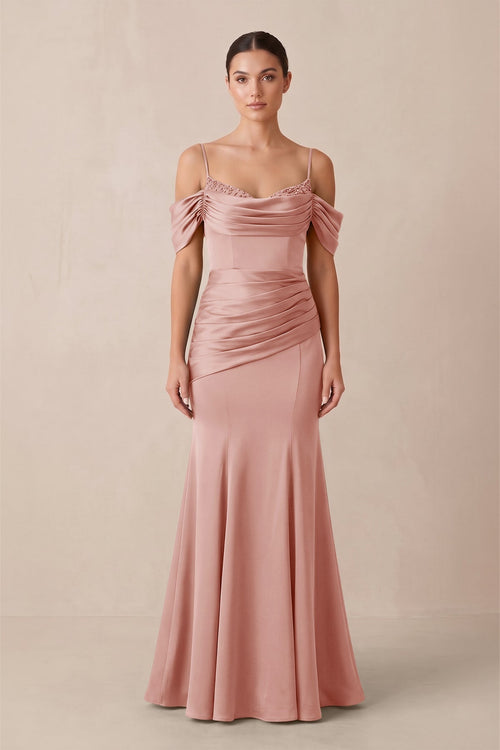 Off - the - Shoulder Mermaid Ruched Bridesmaid Dress in Rose Petal - KISS BRIDAL Bridesmaid Dresses