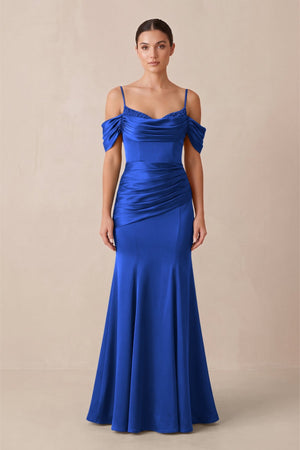 Off - the - Shoulder Mermaid Ruched Bridesmaid Dress in Royal Blue - KISS BRIDAL Bridesmaid Dresses