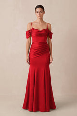 Off - the - Shoulder Mermaid Ruched Bridesmaid Dress in Ruby Red - KISS BRIDAL Bridesmaid Dresses