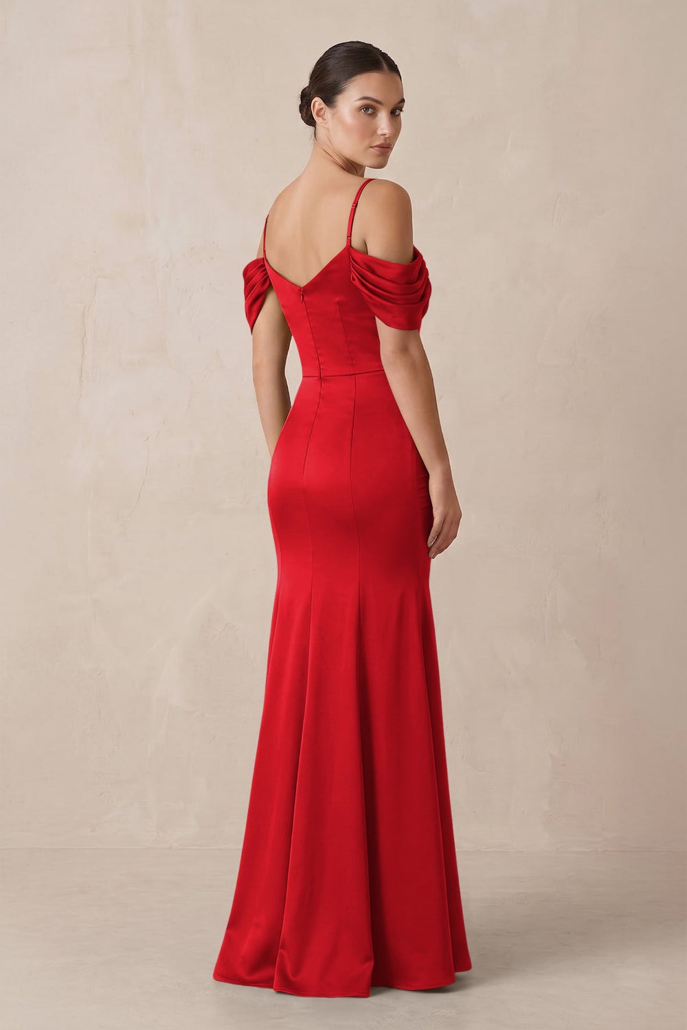 Off - the - Shoulder Mermaid Ruched Bridesmaid Dress in Ruby Red - KISS BRIDAL Bridesmaid Dresses