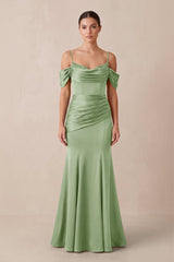 Off - the - Shoulder Mermaid Ruched Bridesmaid Dress in Sage - KISS BRIDAL Bridesmaid Dresses