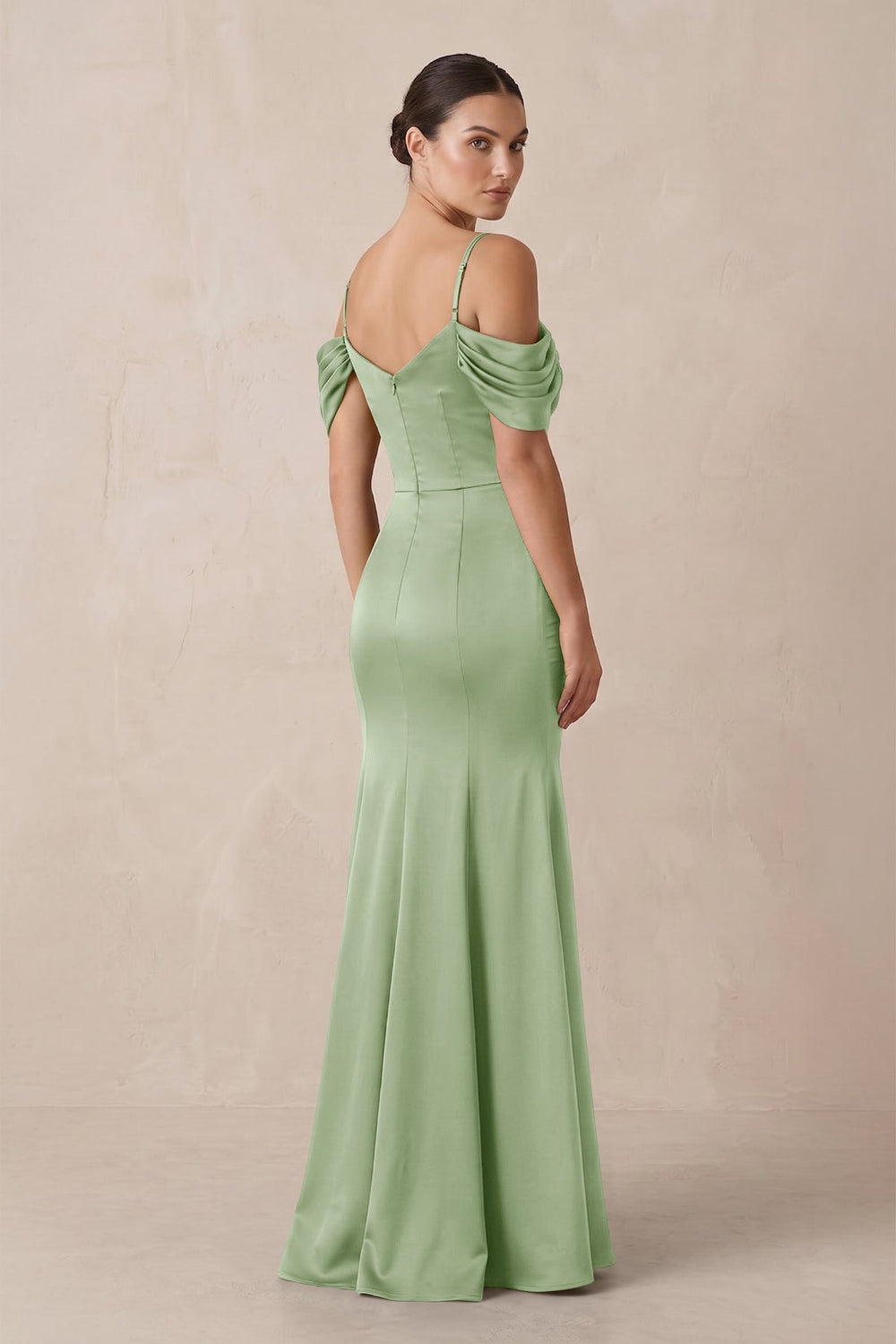 Off - the - Shoulder Mermaid Ruched Bridesmaid Dress in Sage - KISS BRIDAL Bridesmaid Dresses