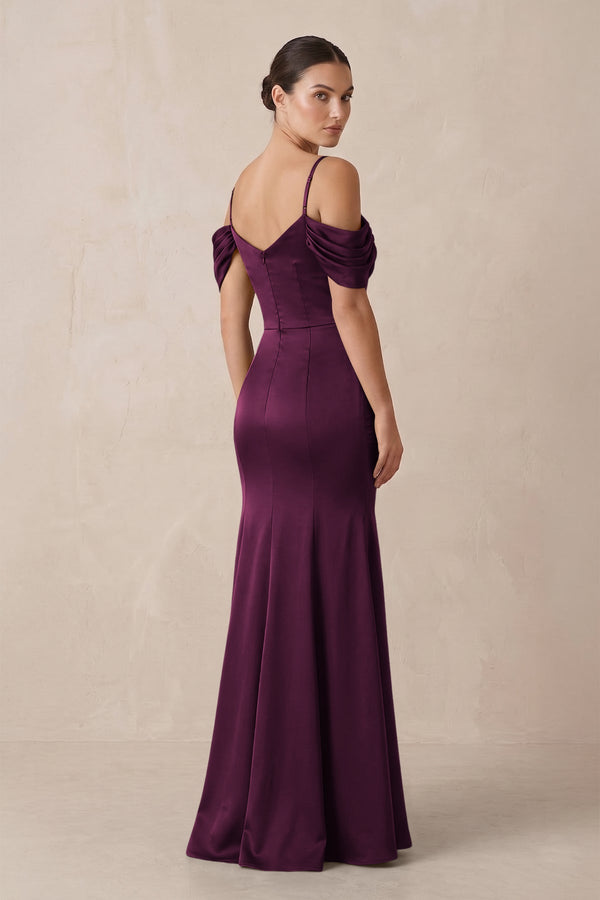 Off - the - Shoulder Mermaid Ruched Bridesmaid Dress in Sangria - KISS BRIDAL Bridesmaid Dresses