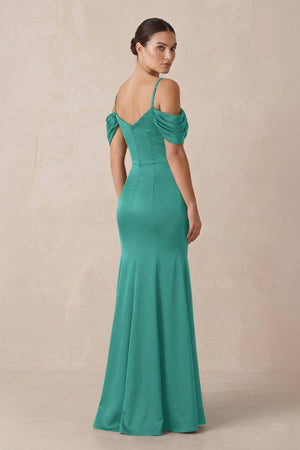 Off - the - Shoulder Mermaid Ruched Bridesmaid Dress in Sea Glass - KISS BRIDAL Bridesmaid Dresses