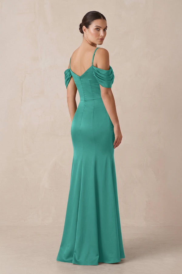 Off - the - Shoulder Mermaid Ruched Bridesmaid Dress in Sea Glass - KISS BRIDAL Bridesmaid Dresses