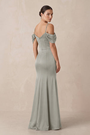 Off - the - Shoulder Mermaid Ruched Bridesmaid Dress in Silver - KISS BRIDAL Bridesmaid Dresses
