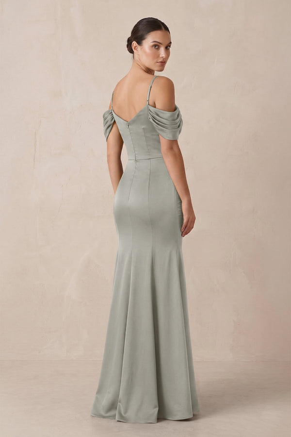 Off - the - Shoulder Mermaid Ruched Bridesmaid Dress in Silver - KISS BRIDAL Bridesmaid Dresses
