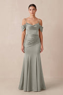 Off - the - Shoulder Mermaid Ruched Bridesmaid Dress in Silver - KISS BRIDAL Bridesmaid Dresses