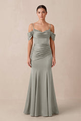 Off - the - Shoulder Mermaid Ruched Bridesmaid Dress in Silver - KISS BRIDAL Bridesmaid Dresses