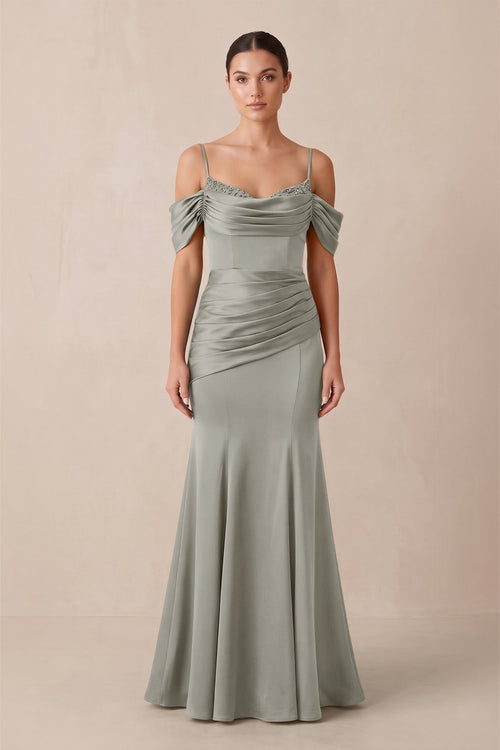 Off - the - Shoulder Mermaid Ruched Bridesmaid Dress in Silver - KISS BRIDAL Bridesmaid Dresses