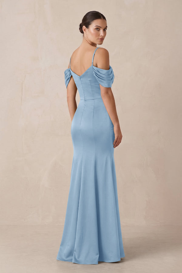 Off - the - Shoulder Mermaid Ruched Bridesmaid Dress in Sky Blue - KISS BRIDAL Bridesmaid Dresses