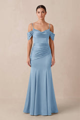 Off - the - Shoulder Mermaid Ruched Bridesmaid Dress in Sky Blue - KISS BRIDAL Bridesmaid Dresses