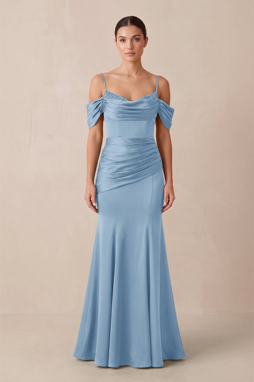 Off - the - Shoulder Mermaid Ruched Bridesmaid Dress in Sky Blue - KISS BRIDAL Bridesmaid Dresses