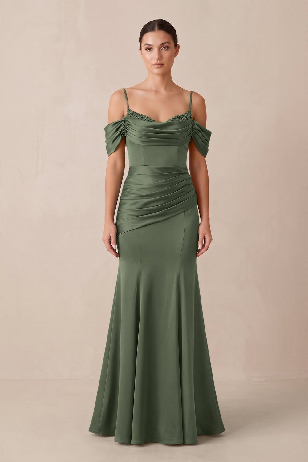 Off - the - Shoulder Mermaid Ruched Bridesmaid Dress in Thyme - KISS BRIDAL Bridesmaid Dresses