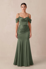 Off - the - Shoulder Mermaid Ruched Bridesmaid Dress in Thyme - KISS BRIDAL Bridesmaid Dresses