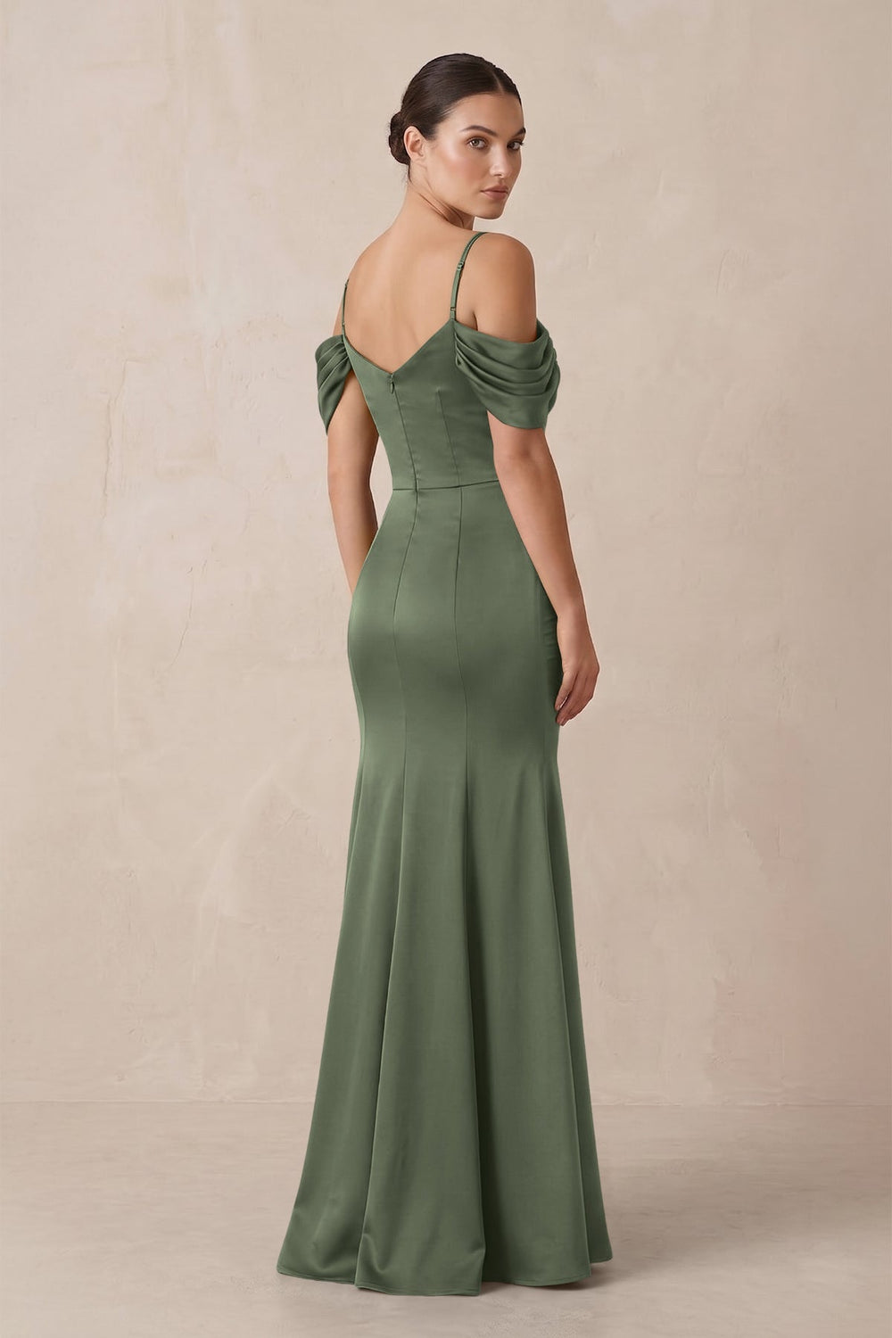 Off - the - Shoulder Mermaid Ruched Bridesmaid Dress in Thyme - KISS BRIDAL Bridesmaid Dresses