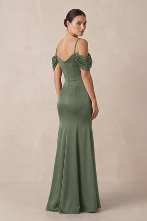 Off - the - Shoulder Mermaid Ruched Bridesmaid Dress in Thyme - KISS BRIDAL Bridesmaid Dresses