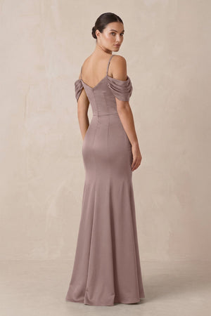 Off - the - Shoulder Mermaid Ruched Bridesmaid Dress in Toffee - KISS BRIDAL Bridesmaid Dresses