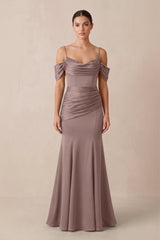 Off - the - Shoulder Mermaid Ruched Bridesmaid Dress in Toffee - KISS BRIDAL Bridesmaid Dresses