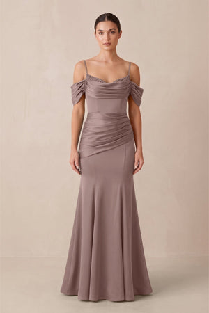Off - the - Shoulder Mermaid Ruched Bridesmaid Dress in Toffee - KISS BRIDAL Bridesmaid Dresses