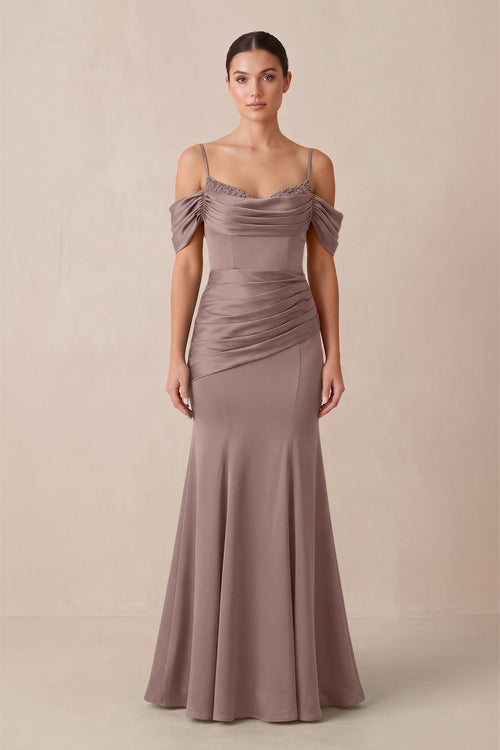 Off - the - Shoulder Mermaid Ruched Bridesmaid Dress in Toffee - KISS BRIDAL Bridesmaid Dresses