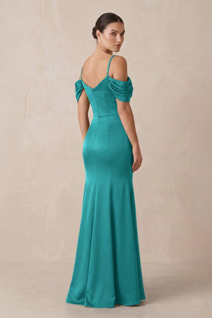 Off - the - Shoulder Mermaid Ruched Bridesmaid Dress in Turquoise - KISS BRIDAL Bridesmaid Dresses