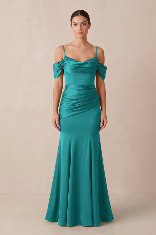 Off - the - Shoulder Mermaid Ruched Bridesmaid Dress in Turquoise - KISS BRIDAL Bridesmaid Dresses