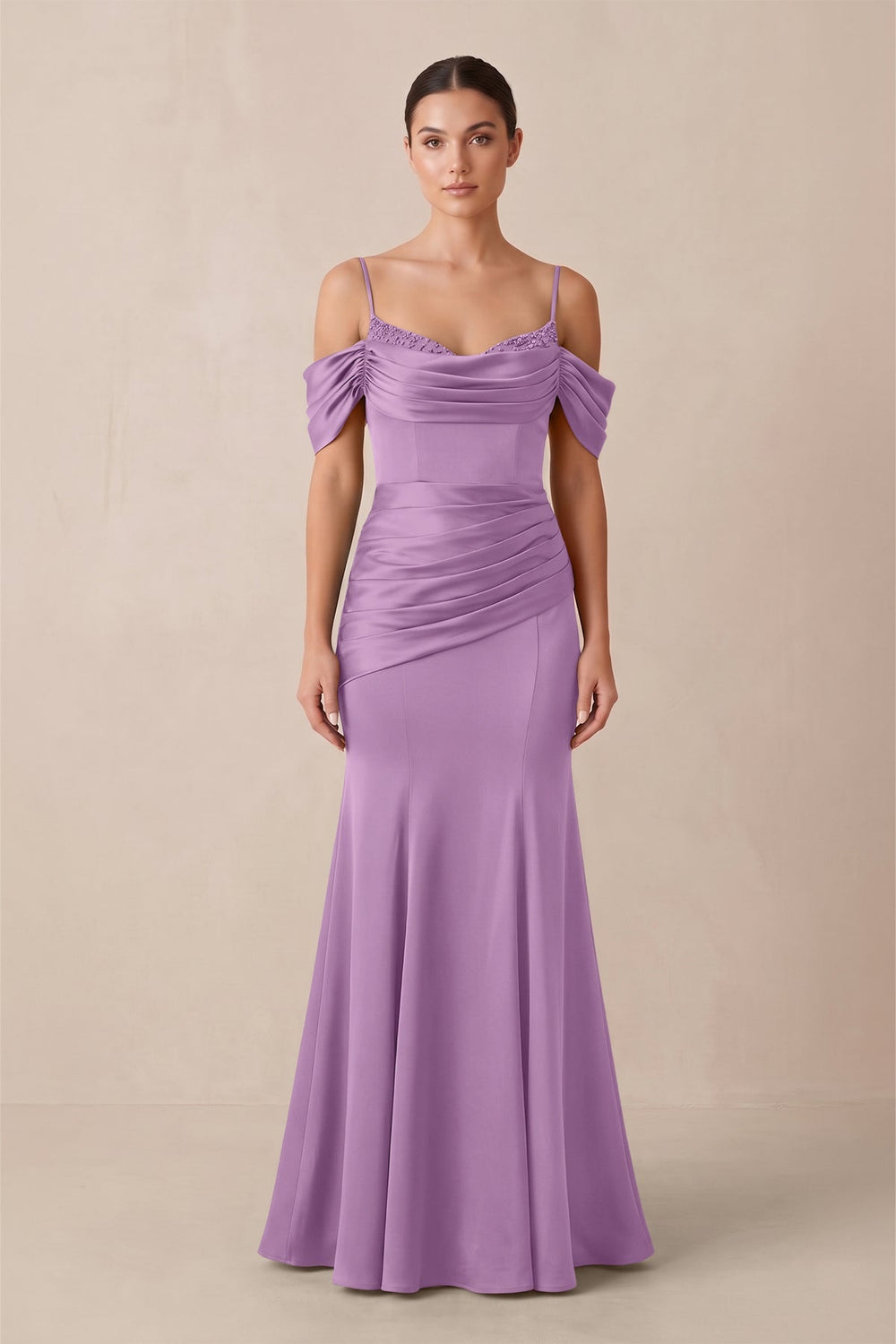 Off - the - Shoulder Mermaid Ruched Bridesmaid Dress in Vintage Mauve - KISS BRIDAL Bridesmaid Dresses