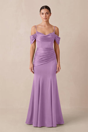 Off - the - Shoulder Mermaid Ruched Bridesmaid Dress in Vintage Mauve - KISS BRIDAL Bridesmaid Dresses