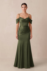 Off - the - Shoulder Mermaid Ruched Bridesmaid Dress in Willow Green - KISS BRIDAL Bridesmaid Dresses