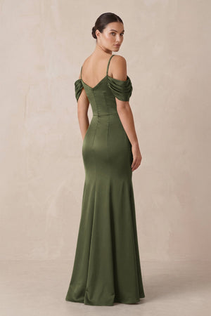 Off - the - Shoulder Mermaid Ruched Bridesmaid Dress in Willow Green - KISS BRIDAL Bridesmaid Dresses