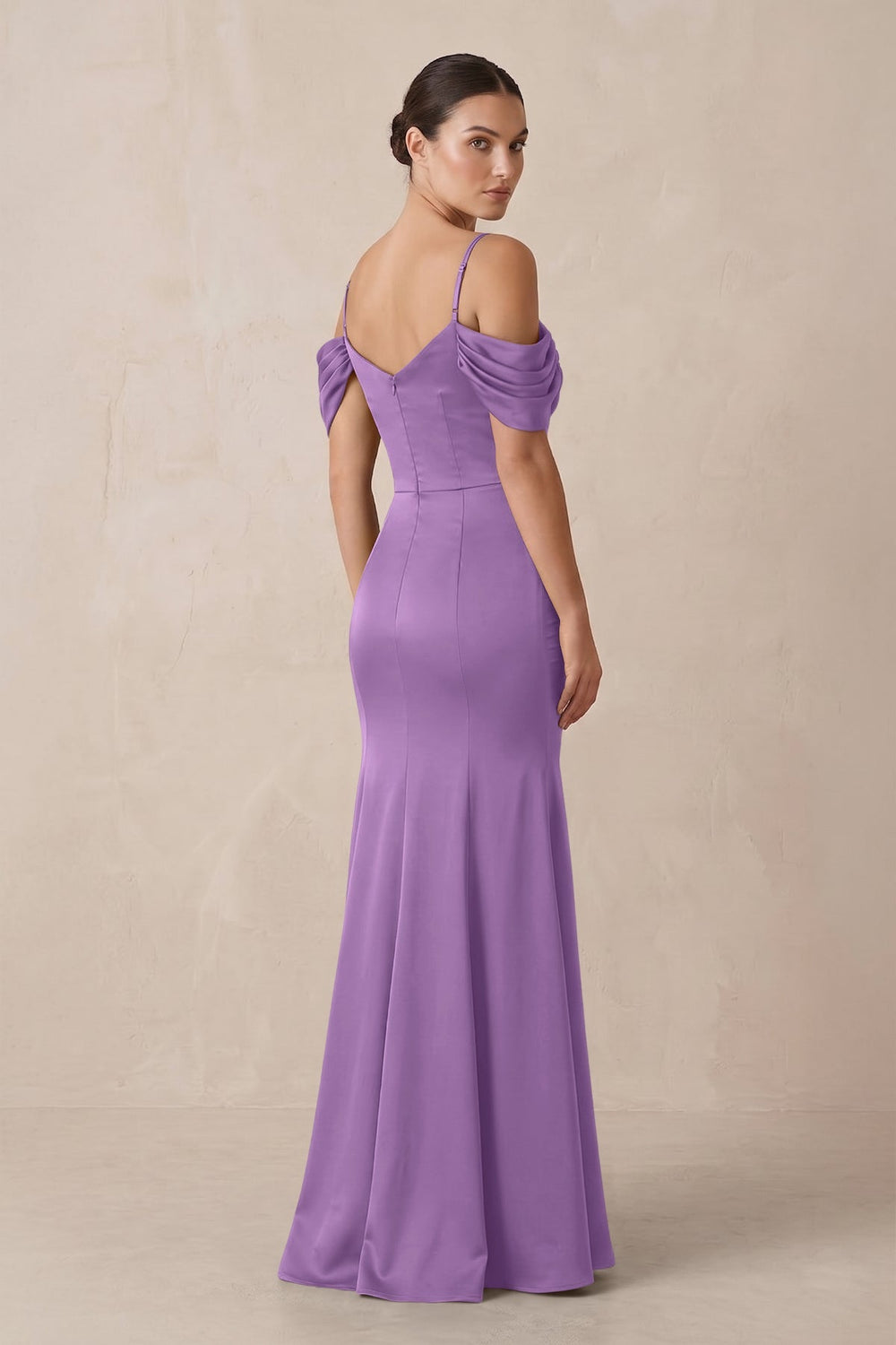 Off - the - Shoulder Mermaid Ruched Bridesmaid Dress in Wisteria - KISS BRIDAL Bridesmaid Dresses
