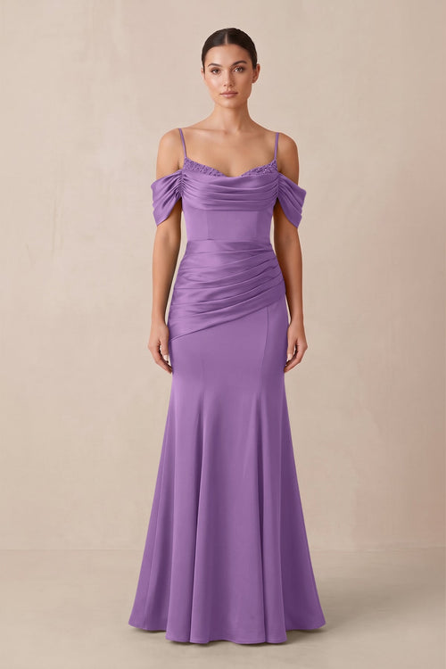 Off - the - Shoulder Mermaid Ruched Bridesmaid Dress in Wisteria - KISS BRIDAL Bridesmaid Dresses