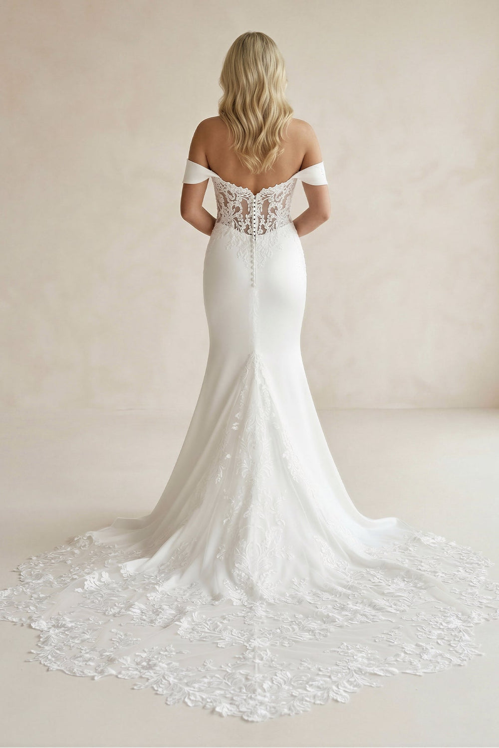 Off - the - Shoulder Mermaid Satin Lace Wedding Dress in White - KISS BRIDAL Wedding Dresses