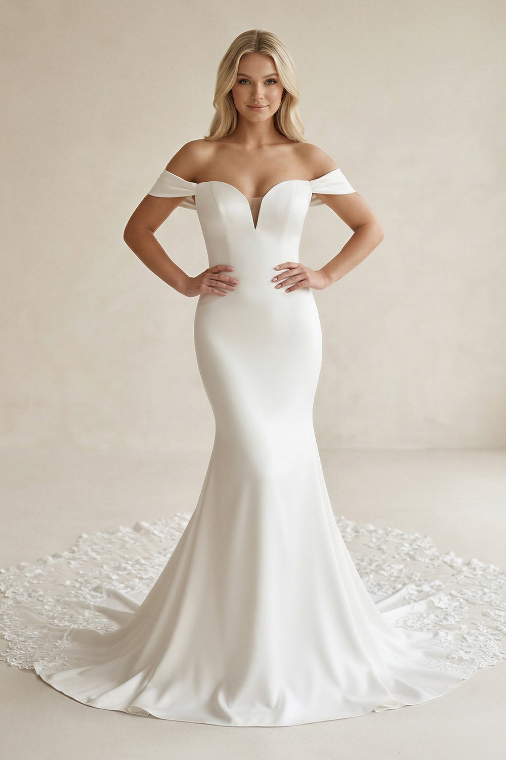 Off - the - Shoulder Mermaid Satin Lace Wedding Dress in White - KISS BRIDAL Wedding Dresses