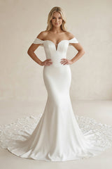 Off - the - Shoulder Mermaid Satin Lace Wedding Dress in White - KISS BRIDAL Wedding Dresses