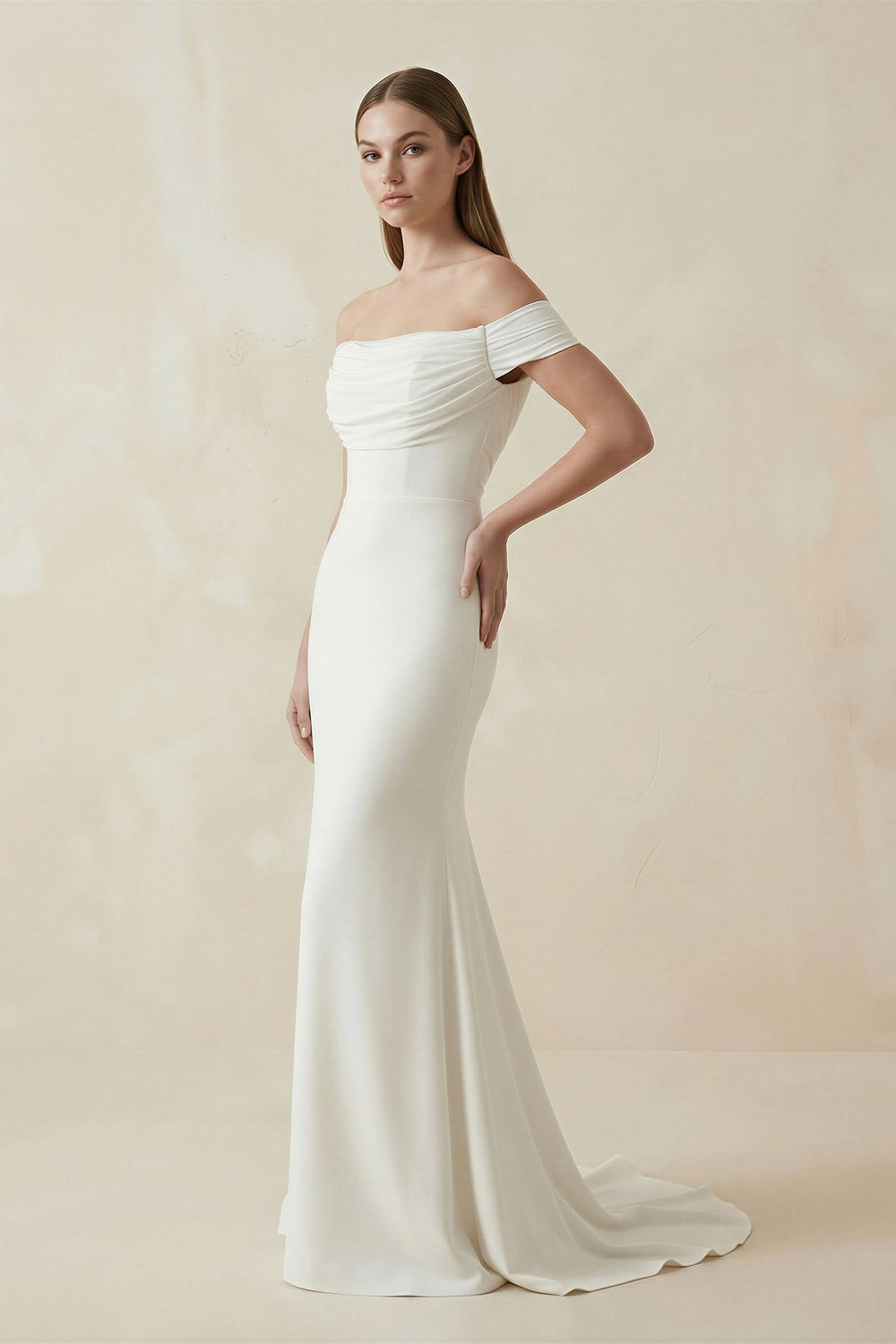 Off - the - Shoulder Mermaid Satin Pleated Wedding Dress in White - KISS BRIDAL Wedding Dresses