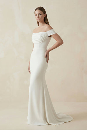 Off - the - Shoulder Mermaid Satin Pleated Wedding Dress in White - SHE IS ME Wedding Dresses